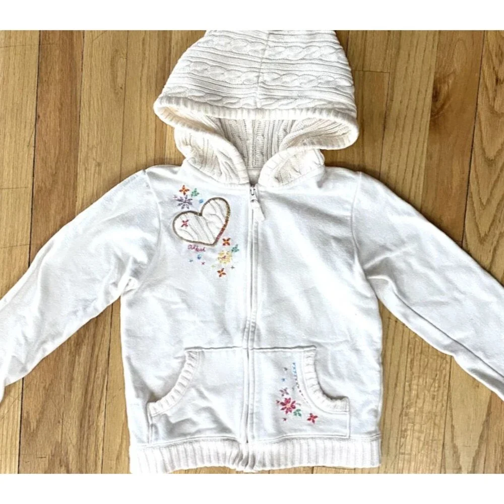 OshKosh B'gosh Girls 6X Hoodie White Zip Jacket Embroidered Floral Heart Cottage